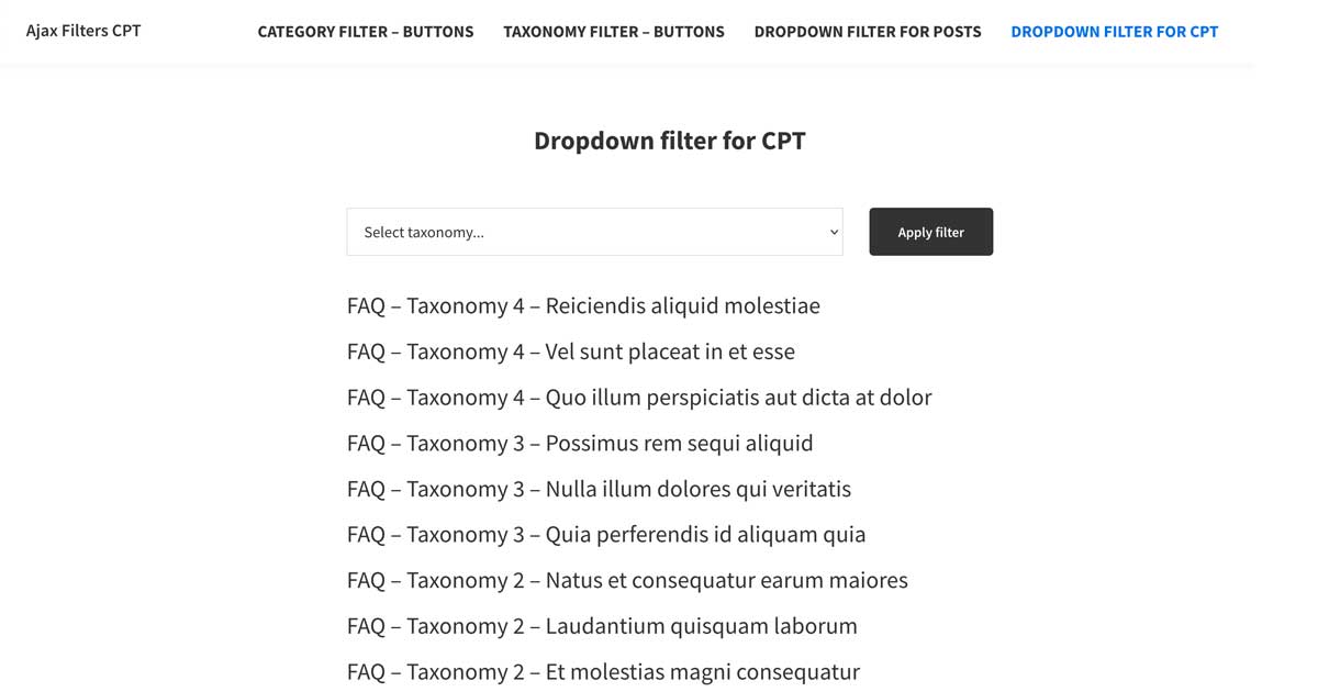 Dropdown Ajax Filter for WordPress Custom Post Type Taxonomy