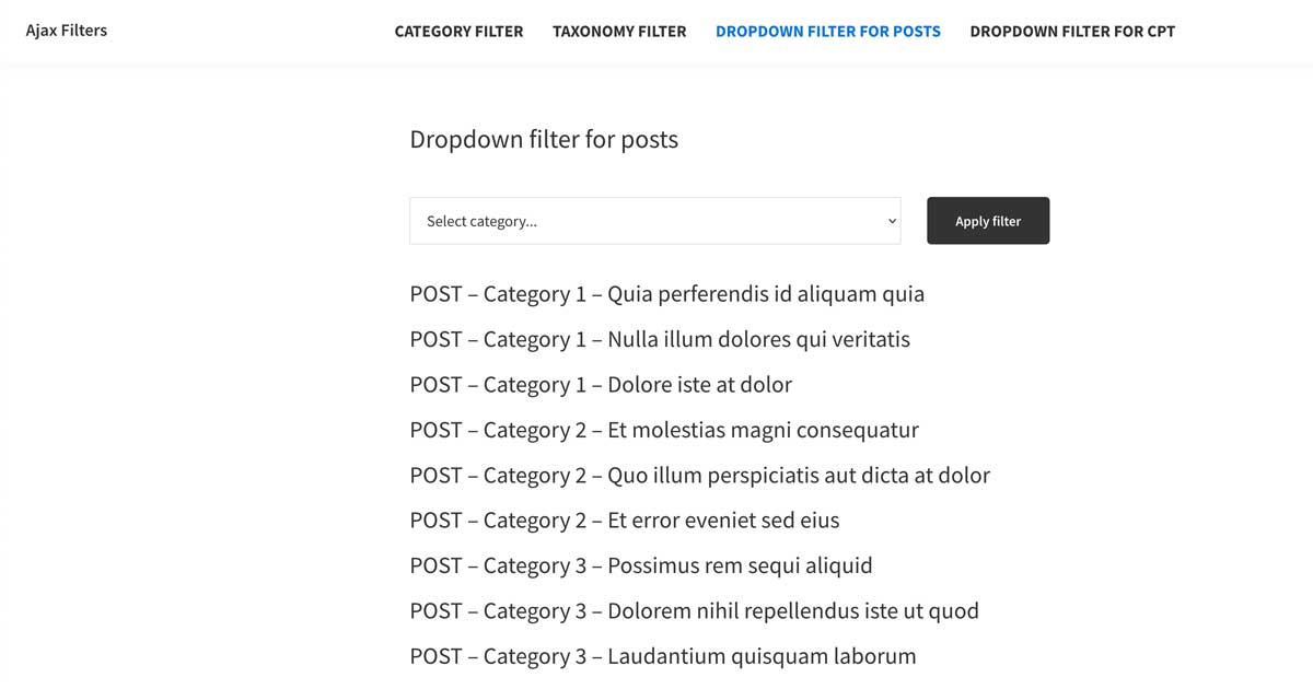 Dropdown Ajax Filter for WordPress Categories